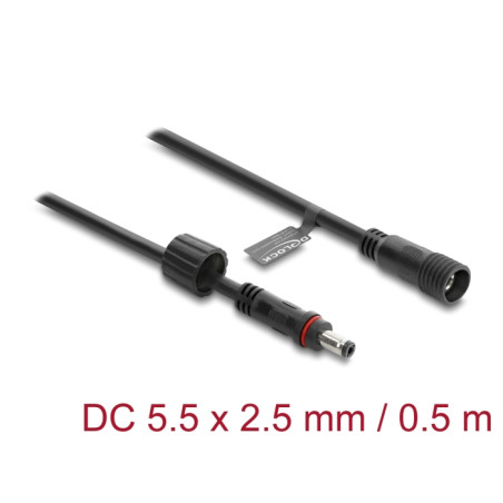 Delock DC Verlängerungskabel 5,5 x 2,5 mm Stecker zu Buchse mit Schraubverschluss M12 x 1,75 mm Gewinde wasserfest 18 AWG, 0,5 m