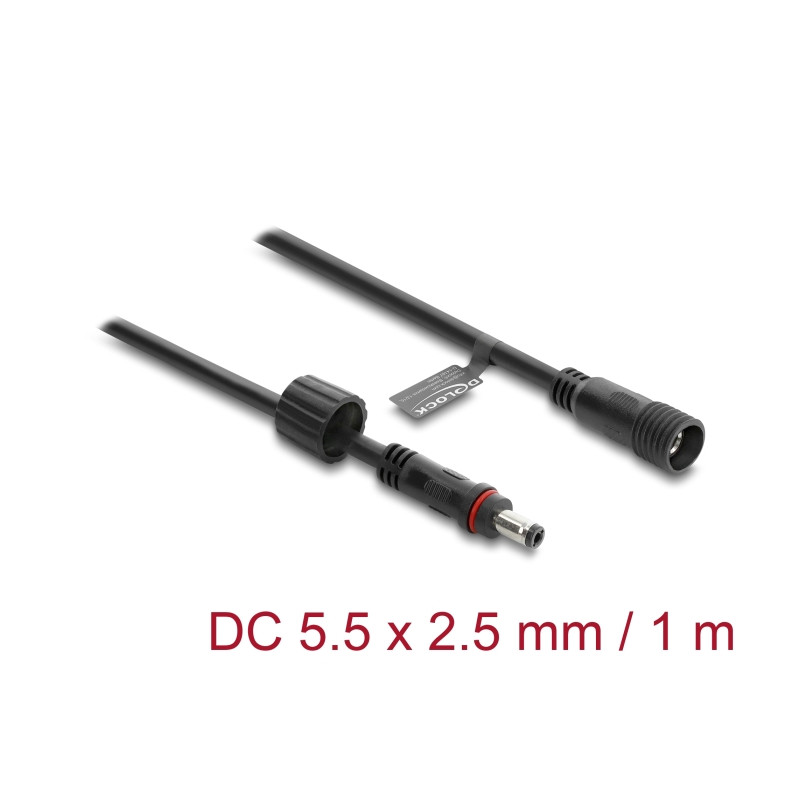 Delock DC Verlängerungskabel 5,5 x 2,5 mm Stecker zu Buchse mit Schraubverschluss M12 x 1,75 mm Gewinde wasserfest 18 AWG, 1 m s