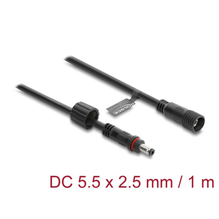 Delock DC Verlängerungskabel 5,5 x 2,5 mm Stecker zu Buchse mit Schraubverschluss M12 x 1,75 mm Gewinde wasserfest 18 AWG, 1 m s