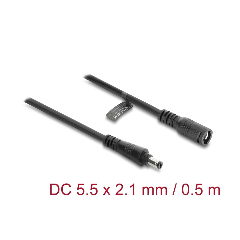 Delock DC Verlängerungskabel 5,5 x 2,1 mm Stecker zu Buchse mit Bajonettverschluss 18 AWG, 0,5 m schwarz