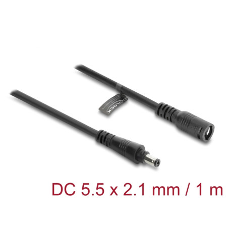 Delock DC Verlängerungskabel 5,5 x 2,1 mm Stecker zu Buchse mit Bajonettverschluss 18 AWG, 1 m schwarz