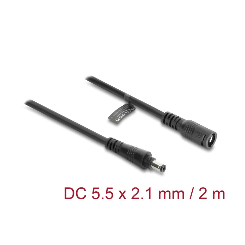 Delock DC Verlängerungskabel 5,5 x 2,1 mm Stecker zu Buchse mit Bajonettverschluss 18 AWG, 2 m schwarz