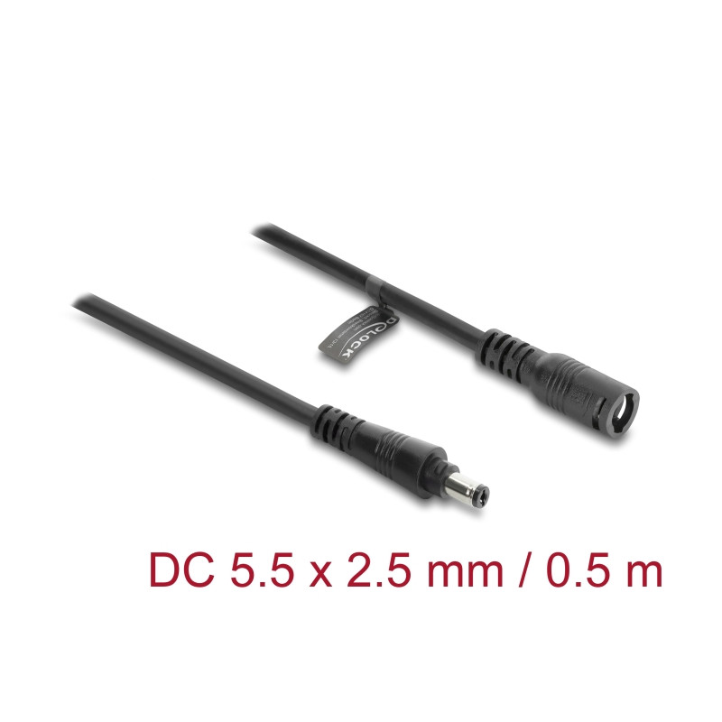 Delock DC Verlängerungskabel 5,5 x 2,5 mm Stecker zu Buchse mit Bajonettverschluss 18 AWG, 0,5 m schwarz