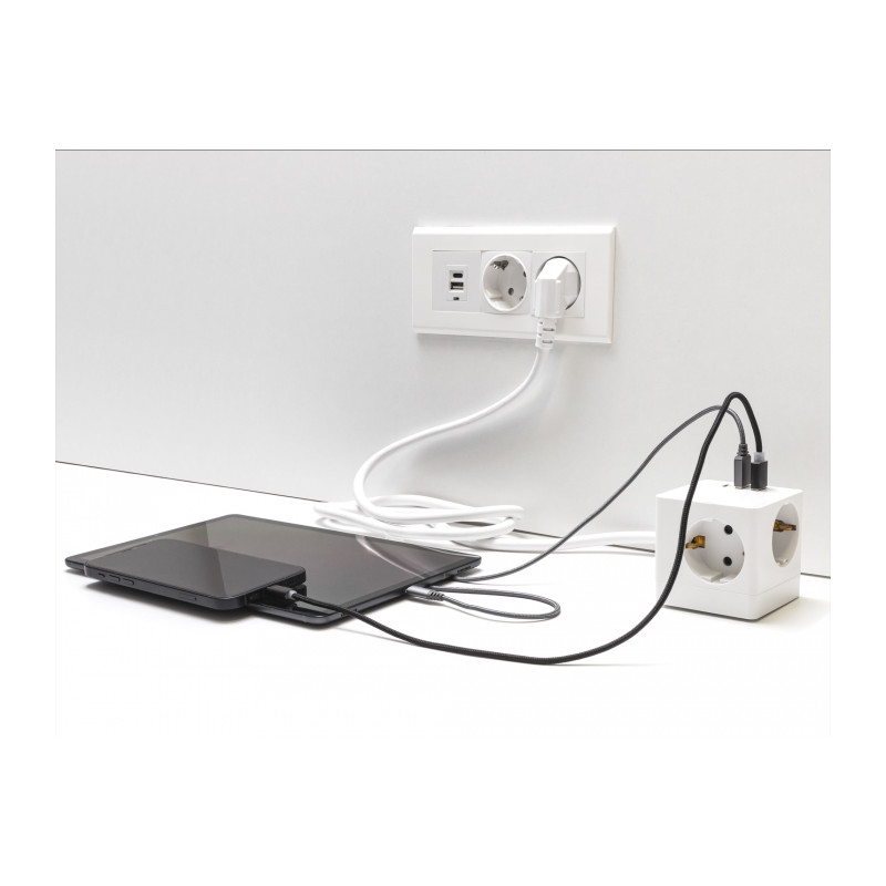 Delock Steckdosenwürfel mit Verlängerungskabel 3-fach mit Kindersicherung und USB Ladegerät, 1,5 m Kabel, weiß