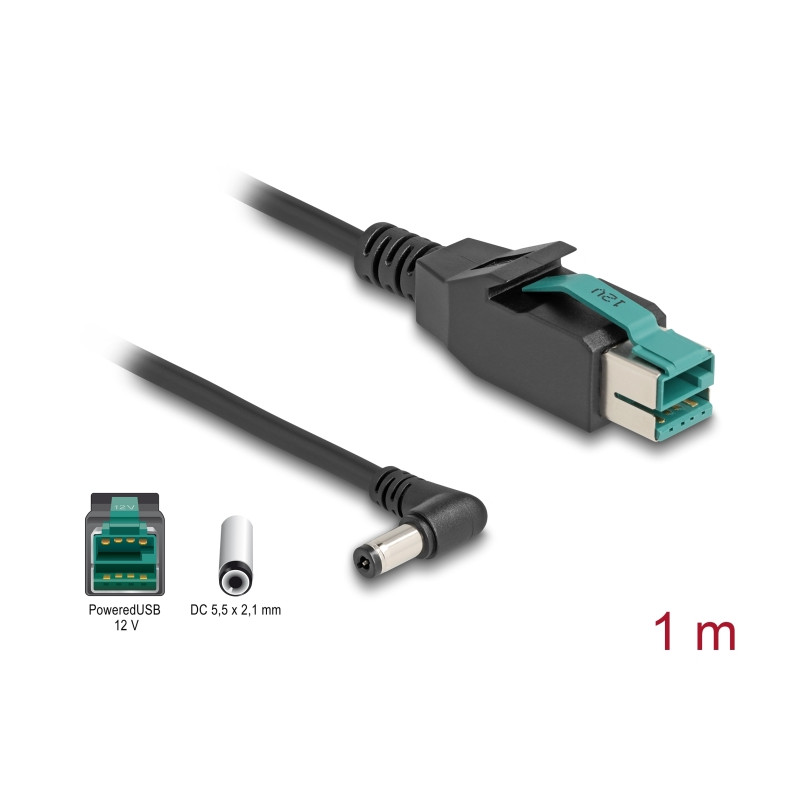 Delock PoweredUSB Kabel Stecker 12 V zu DC 5,5 x 2,1 mm Stecker gewinkelt 1 m