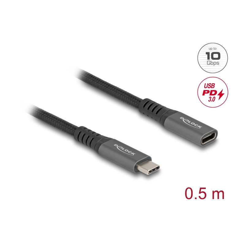 Delock USB 10 Gbps Verlängerungskabel USB Type-C™ Stecker zu Buchse PD 3.0 100 W 0,5 m grau Metall