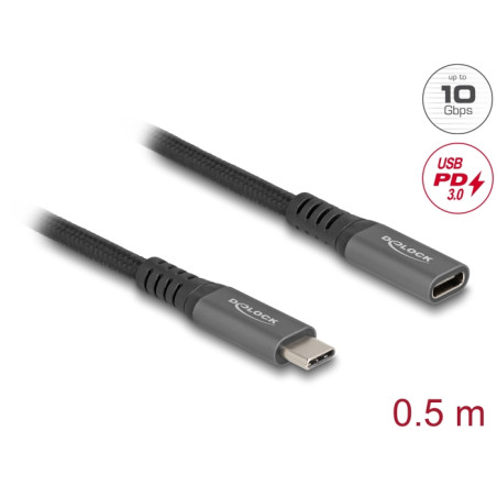 Delock USB 10 Gbps Verlängerungskabel USB Type-C™ Stecker zu Buchse PD 3.0 100 W 0,5 m grau Metall