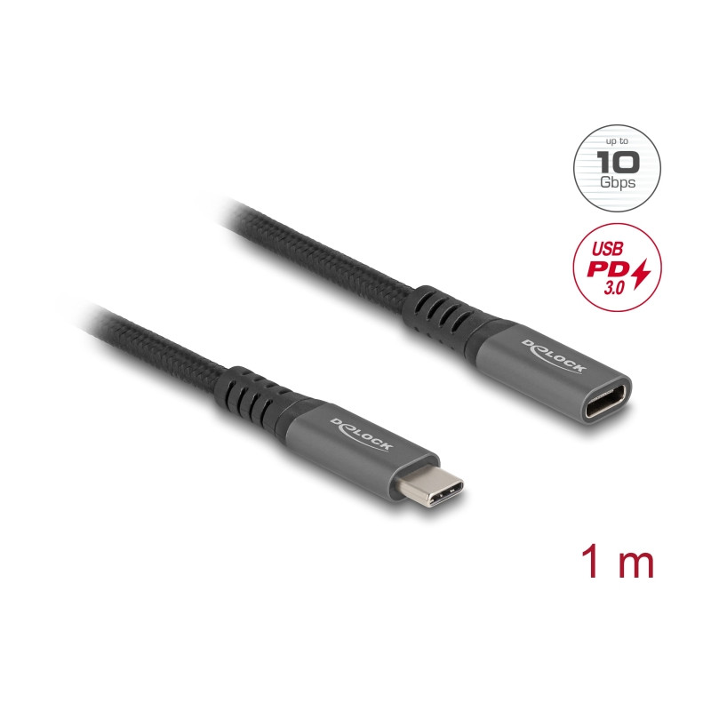 Delock USB 10 Gbps Verlängerungskabel USB Type-C™ Stecker zu Buchse PD 3.0 100 W 1 m grau Metall