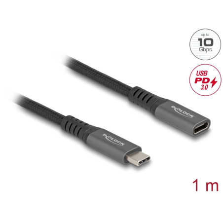 Delock USB 10 Gbps Verlängerungskabel USB Type-C™ Stecker zu Buchse PD 3.0 100 W 1 m grau Metall