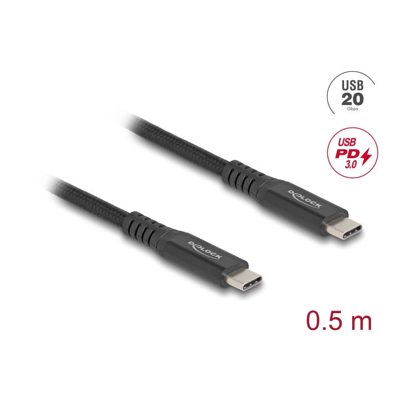 Delock USB 20 Gbps Kabel USB Type-C™ Stecker zu Stecker PD 3.0 100 W E-Marker 0,5 m schwarz Metall