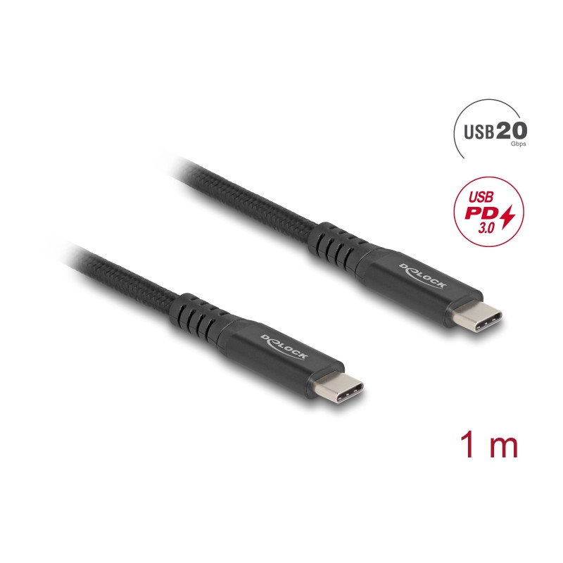 Delock USB 20 Gbps Kabel USB Type-C™ Stecker zu Stecker PD 3.0 100 W E-Marker 1 m schwarz Metall