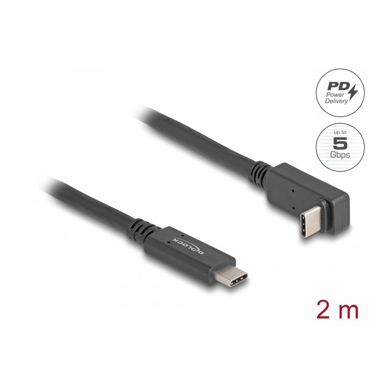 Delock USB 5 Gbps Kabel USB Type-C™ Stecker zu USB Type-C™ Stecker gewinkelt oben / unten 2 m 4K PD 60 W mit E-Marker