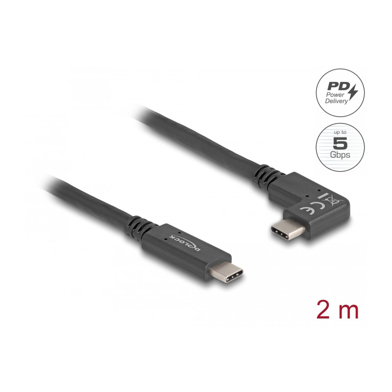 Delock USB 5 Gbps Kabel USB Type-C™ Stecker zu USB Type-C™ Stecker gewinkelt links / rechts 2 m 4K PD 60 W mit E-Marker