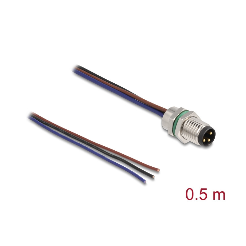 Delock M8 Einbaukabel A-kodiert 3 Pin Stecker für Panel mit offenen Kabeln Front Montage 0,5 m
