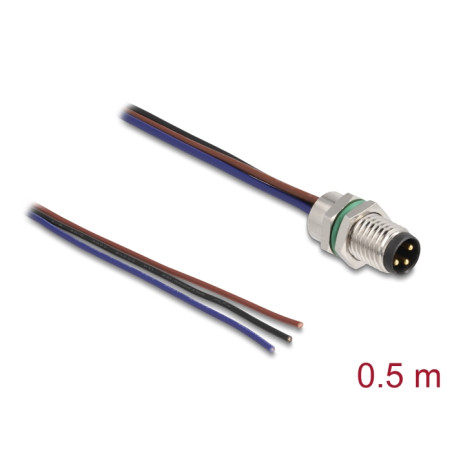 Delock M8 Einbaukabel A-kodiert 3 Pin Stecker für Panel mit offenen Kabeln Front Montage 0,5 m