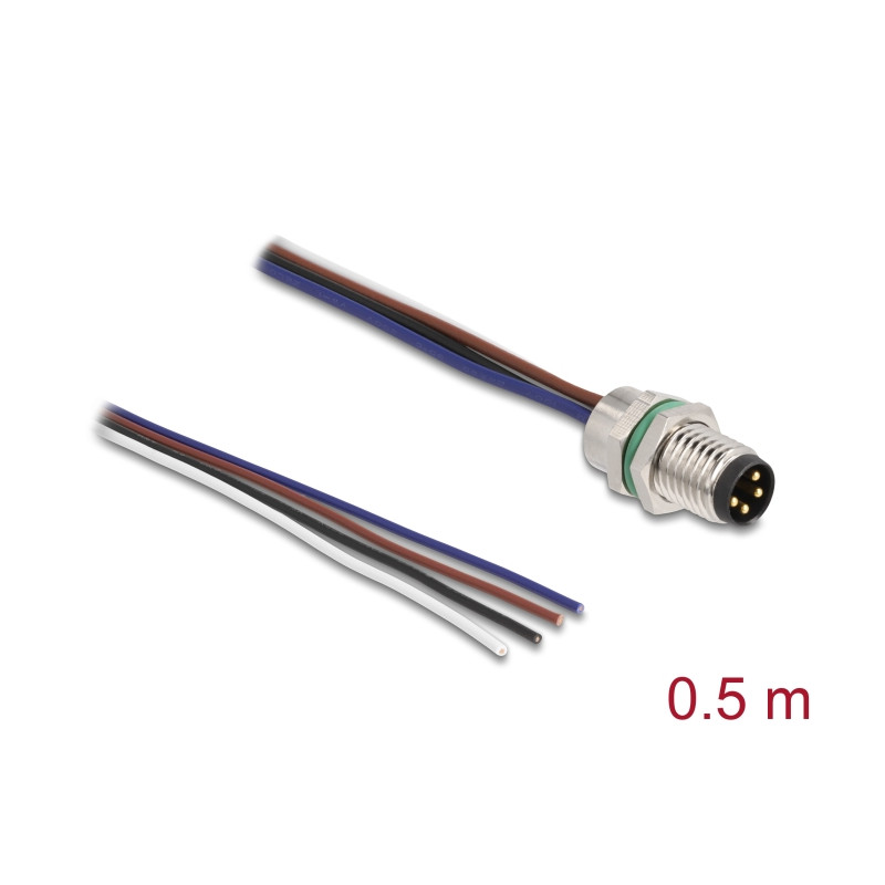 Delock M8 Einbaukabel A-kodiert 4 Pin Stecker für Panel mit offenen Kabeln Front Montage 0,5 m