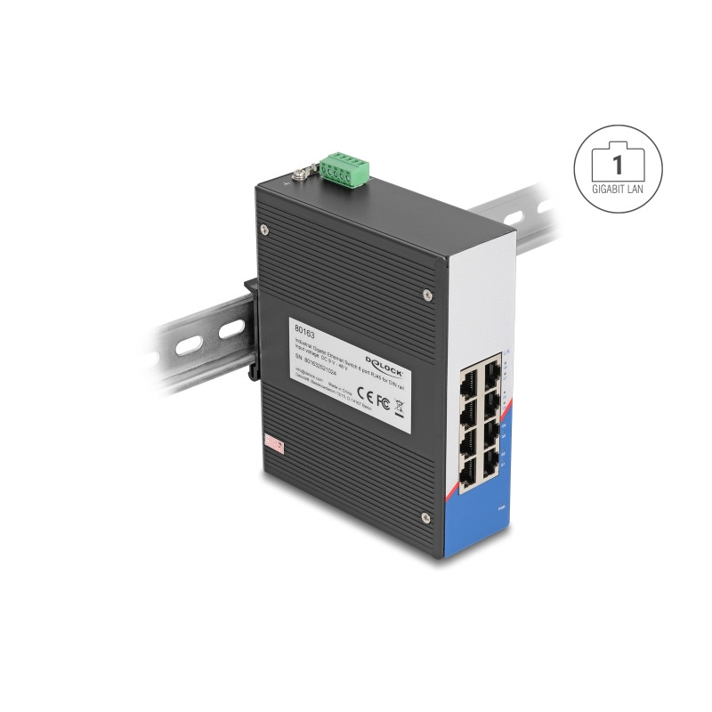 Delock Industrie Gigabit Ethernet Switch 8 Port RJ45 für Hutschiene