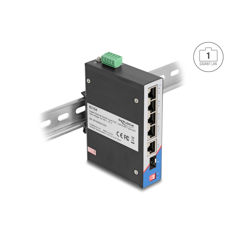 Delock Industrie Gigabit Ethernet Switch 4 Port PoE 1 Port RJ45 1 Port SFP für Hutschiene