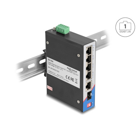 Delock Industrie Gigabit Ethernet Switch 4 Port PoE 1 Port RJ45 1 Port SFP für Hutschiene