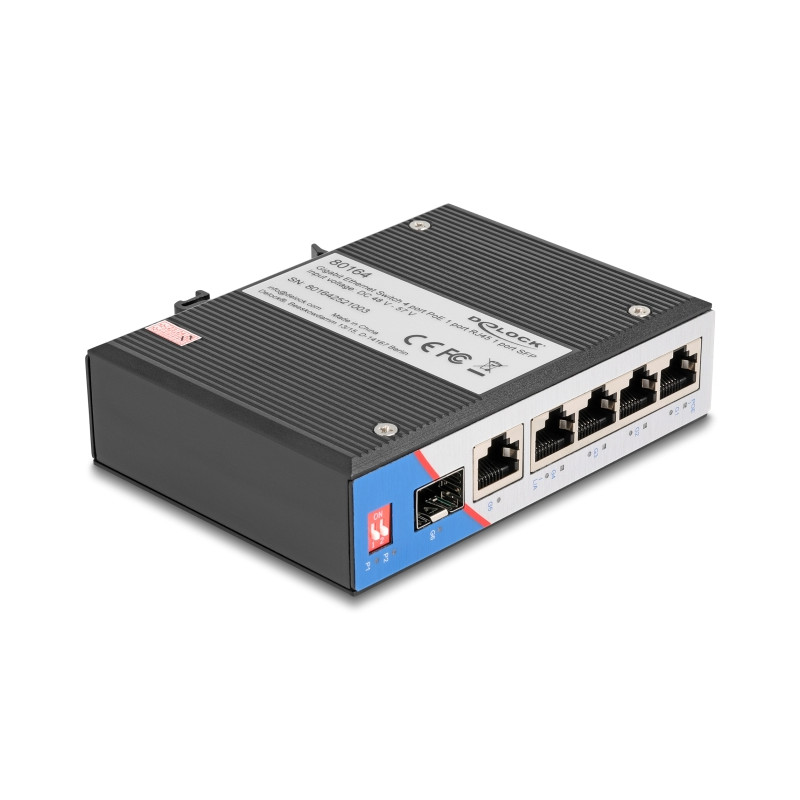 Delock Industrie Gigabit Ethernet Switch 4 Port PoE 1 Port RJ45 1 Port SFP für Hutschiene