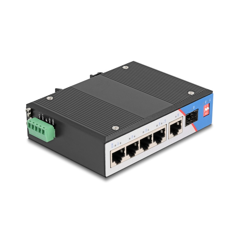 Delock Industrie Gigabit Ethernet Switch 4 Port PoE 1 Port RJ45 1 Port SFP für Hutschiene