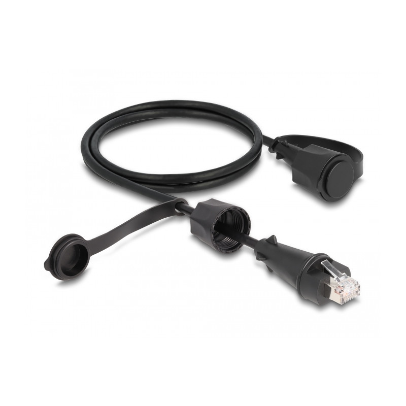 Delock Netzwerkkabel RJ45 Stecker zu RJ45 Stecker Cat.6 STP mit Verschlusskappe Outdoor IP68 staub- und wasserdicht schwarz 1 m