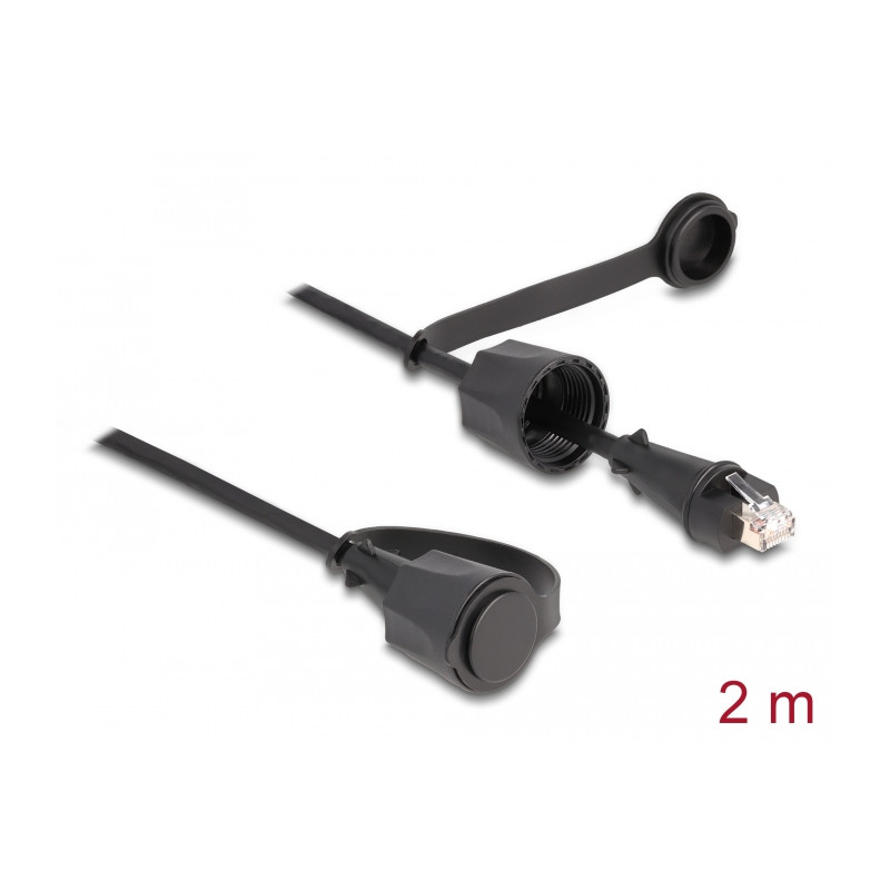 Delock Netzwerkkabel RJ45 Stecker zu RJ45 Stecker Cat.6 STP mit Verschlusskappe Outdoor IP68 staub- und wasserdicht schwarz 2 m