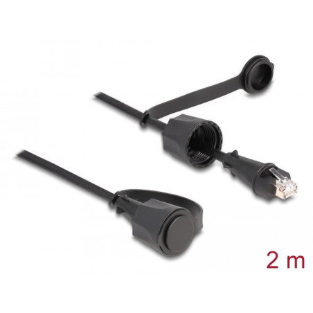 Delock Netzwerkkabel RJ45 Stecker zu RJ45 Stecker Cat.6 STP mit Verschlusskappe Outdoor IP68 staub- und wasserdicht schwarz 2 m