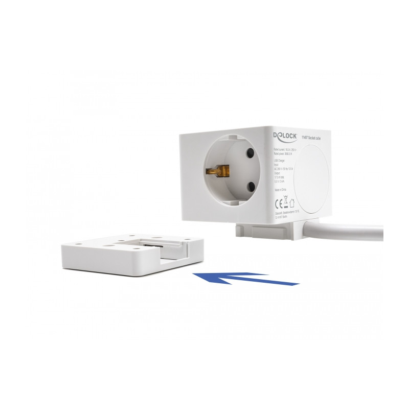 Delock Steckdosenwürfel mit Verlängerungskabel 3-fach mit Kindersicherung und USB Ladegerät, 1,5 m Kabel, weiß
