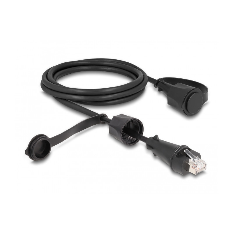 Delock Netzwerkkabel RJ45 Stecker zu RJ45 Stecker Cat.6 STP mit Verschlusskappe Outdoor IP68 staub- und wasserdicht schwarz 2 m