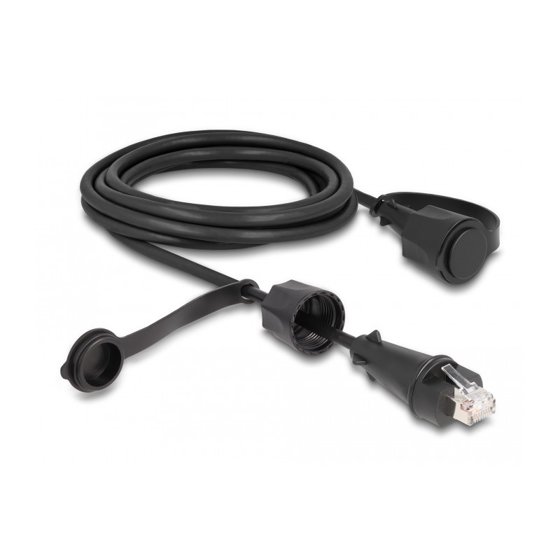 Delock Netzwerkkabel RJ45 Stecker zu RJ45 Stecker Cat.6 STP mit Verschlusskappe Outdoor IP68 staub- und wasserdicht schwarz 3 m