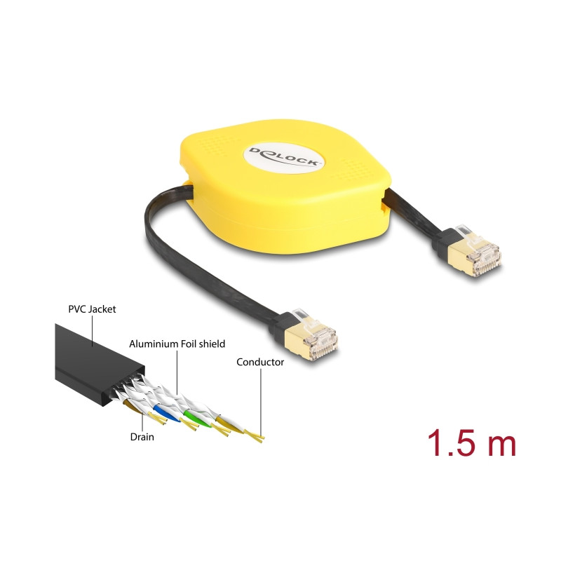 Delock RJ45 Aufrollkabel Cat.6A U/FTP 1,5 m schwarz / gelb