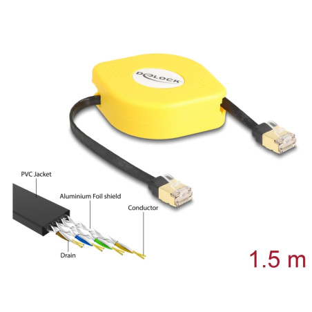 Delock RJ45 Aufrollkabel Cat.6A U/FTP 1,5 m schwarz / gelb