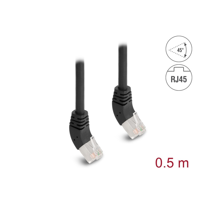 Delock RJ45 Netzwerkkabel Cat.6A S/FTP 45° nach oben gewinkelt 0,5 m schwarz