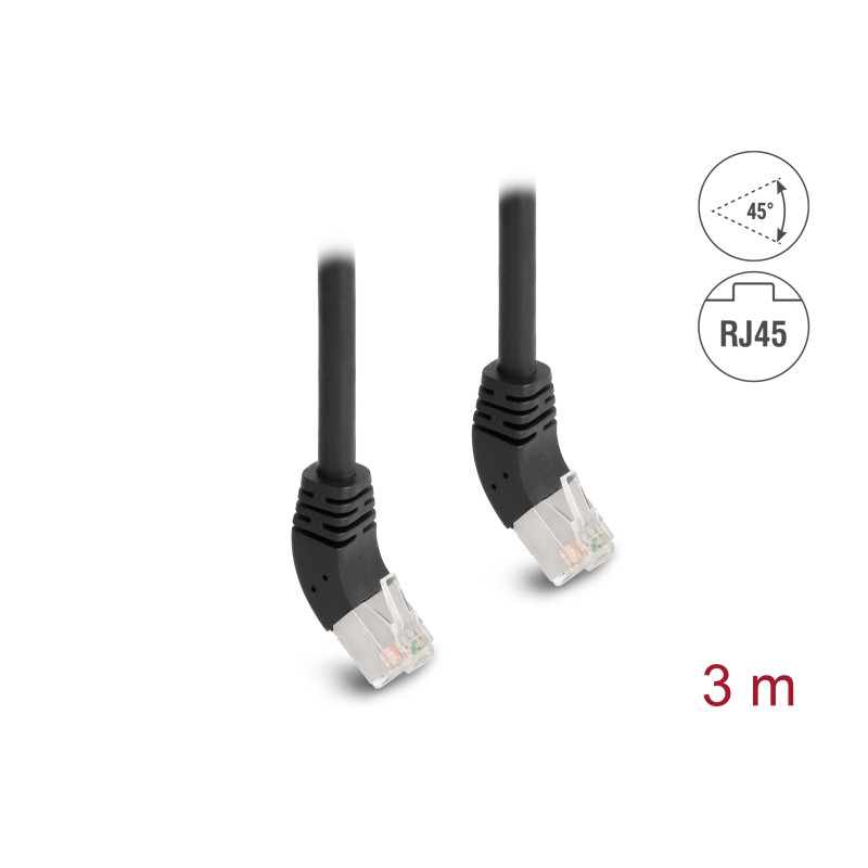 Delock RJ45 Netzwerkkabel Cat.6A S/FTP 45° nach oben gewinkelt 3 m schwarz