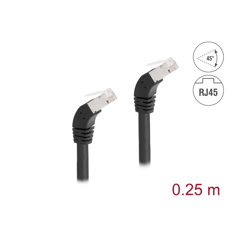 Delock RJ45 Netzwerkkabel Cat.6A S/FTP 45° nach unten gewinkelt 0,25 m schwarz