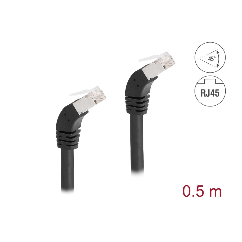 Delock RJ45 Netzwerkkabel Cat.6A S/FTP 45° nach unten gewinkelt 0,5 m schwarz