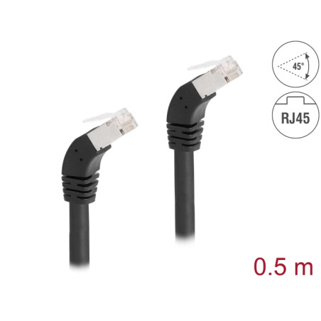 Delock RJ45 Netzwerkkabel Cat.6A S/FTP 45° nach unten gewinkelt 0,5 m schwarz