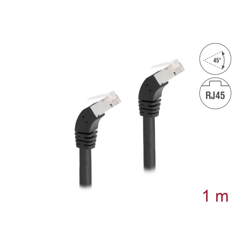 Delock RJ45 Netzwerkkabel Cat.6A S/FTP 45° nach unten gewinkelt 1 m schwarz
