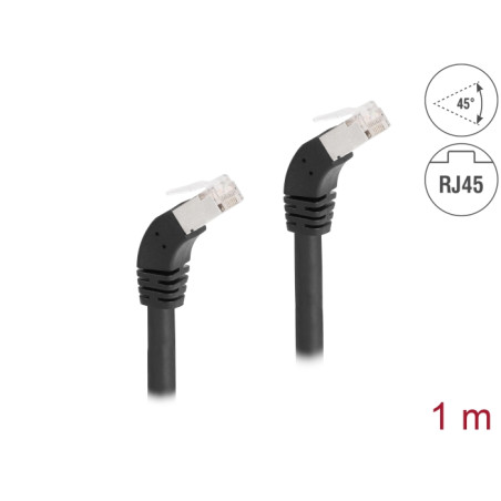 Delock RJ45 Netzwerkkabel Cat.6A S/FTP 45° nach unten gewinkelt 1 m schwarz