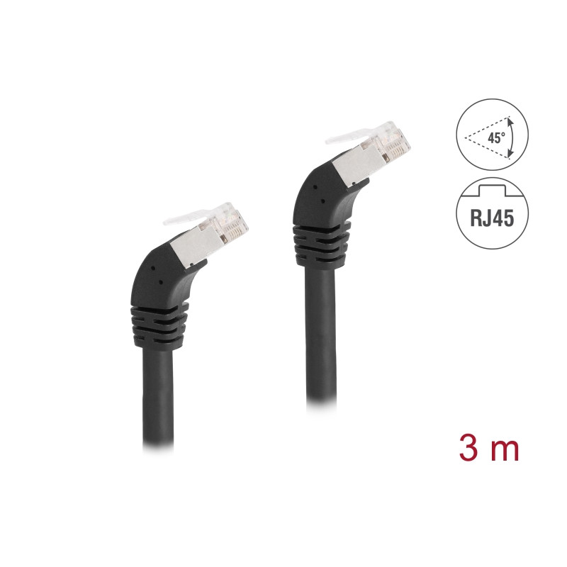 Delock RJ45 Netzwerkkabel Cat.6A S/FTP 45° nach unten gewinkelt 3 m schwarz