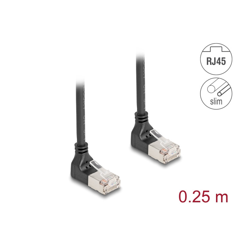 Delock RJ45 Netzwerkkabel Cat.6A S/FTP Slim 90° oben / oben gewinkelt 0,25 m schwarz