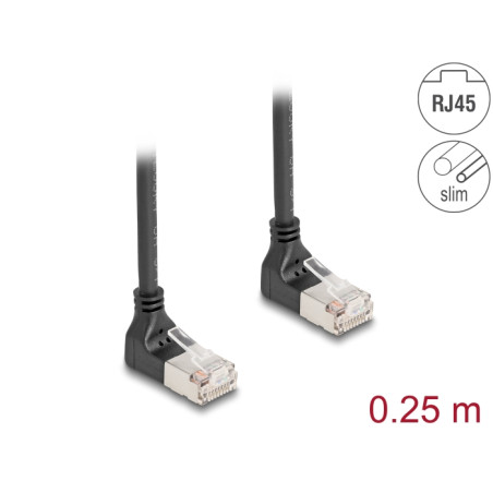 Delock RJ45 Netzwerkkabel Cat.6A S/FTP Slim 90° oben / oben gewinkelt 0,25 m schwarz