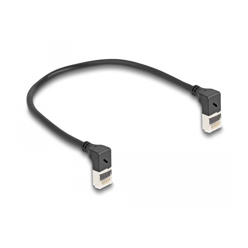 Delock RJ45 Netzwerkkabel Cat.6A S/FTP Slim 90° oben / oben gewinkelt 0,25 m schwarz