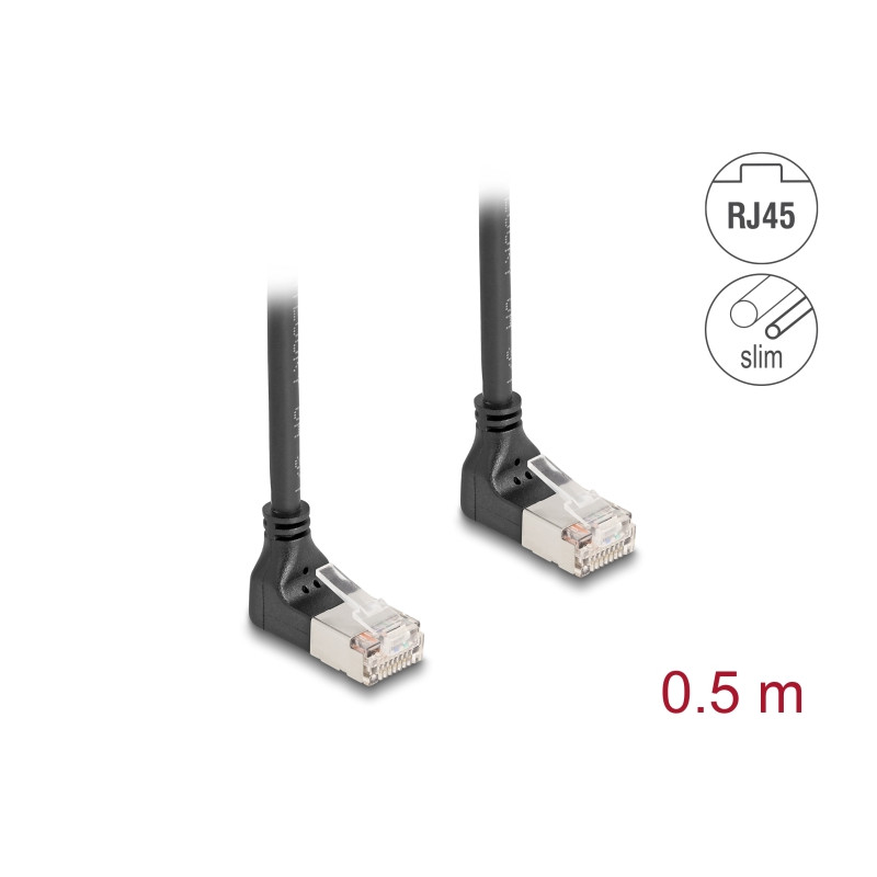 Delock RJ45 Netzwerkkabel Cat.6A S/FTP Slim 90° oben / oben gewinkelt 0,5 m schwarz