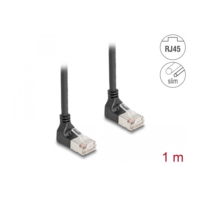 Delock RJ45 Netzwerkkabel Cat.6A S/FTP Slim 90° oben / oben gewinkelt 1 m schwarz