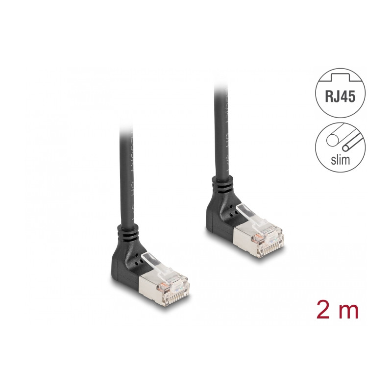 Delock RJ45 Netzwerkkabel Cat.6A S/FTP Slim 90° oben / oben gewinkelt 2 m schwarz