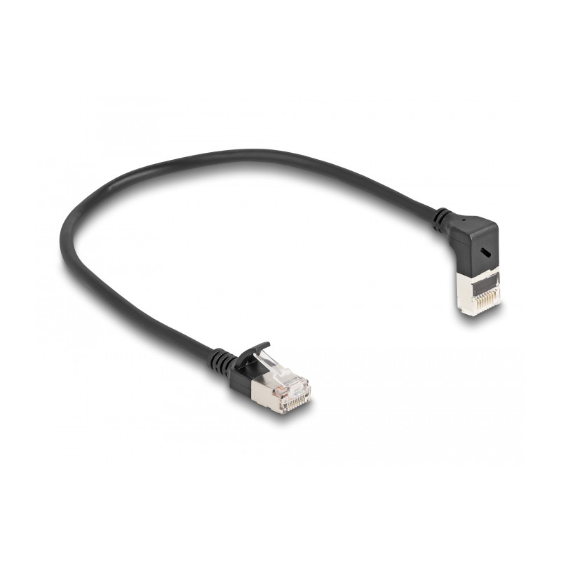 Delock RJ45 Netzwerkkabel Cat.6A S/FTP Slim 90° oben gewinkelt / gerade 0,25 m schwarz