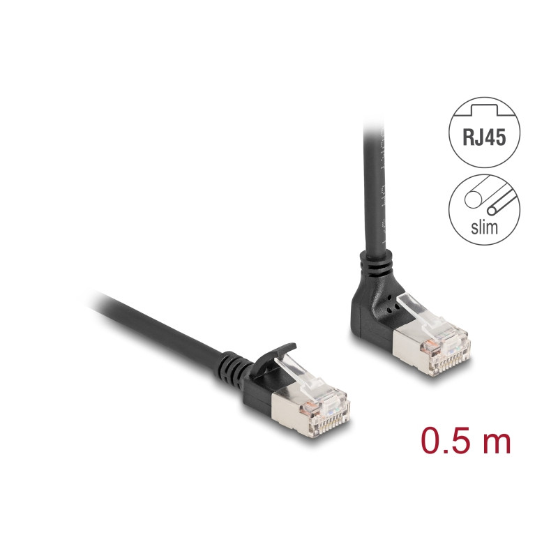 Delock RJ45 Netzwerkkabel Cat.6A S/FTP Slim 90° oben gewinkelt / gerade 0,5 m schwarz