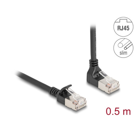 Delock RJ45 Netzwerkkabel Cat.6A S/FTP Slim 90° oben gewinkelt / gerade 0,5 m schwarz
